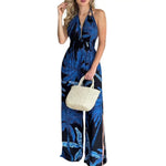 Elegantes blaues Halterlosses Jumpsuit mit floralem Muster für Frauen, weite Hose und Tasche an der Seite