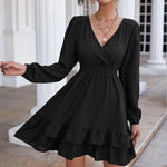 Elegant black polka dot chiffon dress with V-neck, waistline ruffle, and puffed long sleeves from Laneberg fashion.