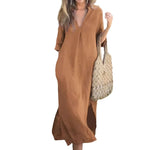 Casual cotton linen women's summer dress with v-neck and short sleeves, featuring a solid beige color and an ankle-length design.