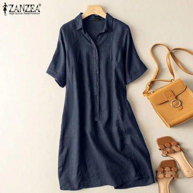 Elegant summer dress by Laneberg: lightweight cotton, vintage-inspired A-line silhouette, button-up design, and short sleeves for a chic, effortless look.