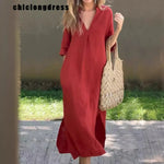 Summer Casual Loose Cotton Linen Red Dress with V-Neck and Short Sleeves, Accessorized with a Crochet Tote Bag